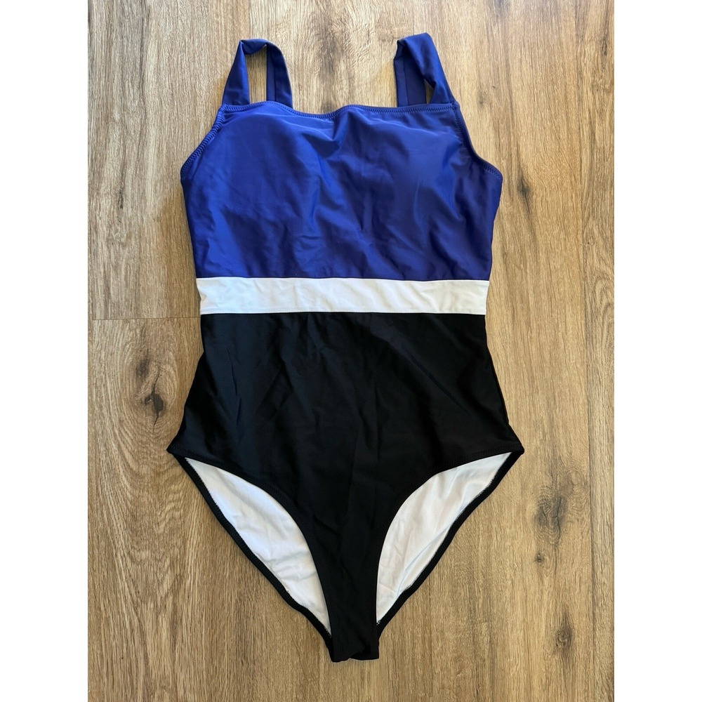 One‎ Piece Swimsuit Women Back Color Block Print Bath Athletic Modest Size M